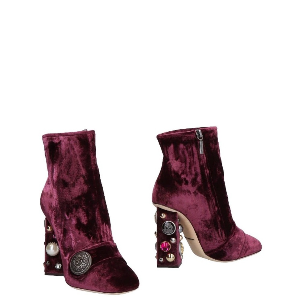 Dolce & Gabbana Burgundy Velvet Embellished Ankle Boots